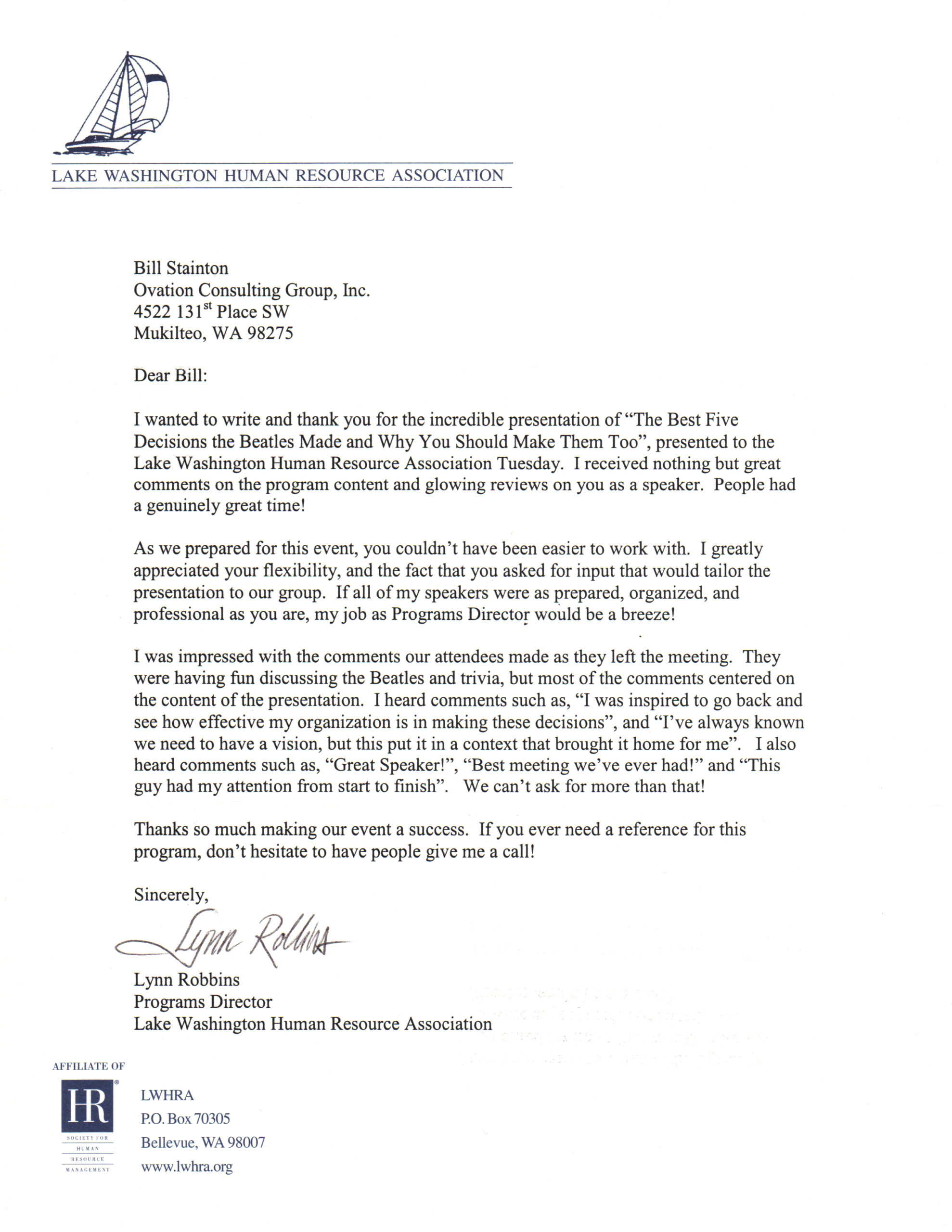 Lk. WA Human Resources testimonial letter - The Executive Producer