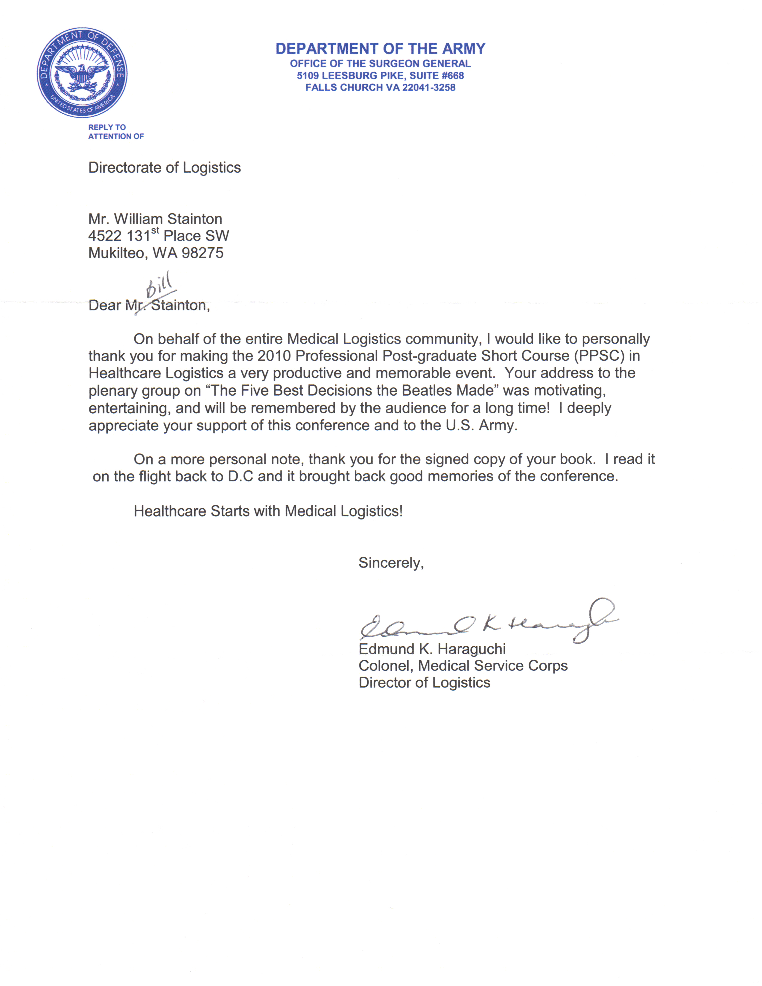 U.S. Army testimonial letter - The Executive Producer